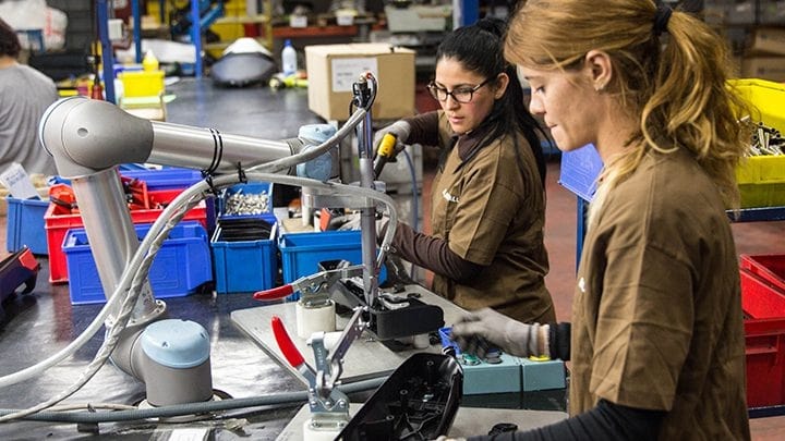 Zwei Frauen arbeiten mit einem Cobots